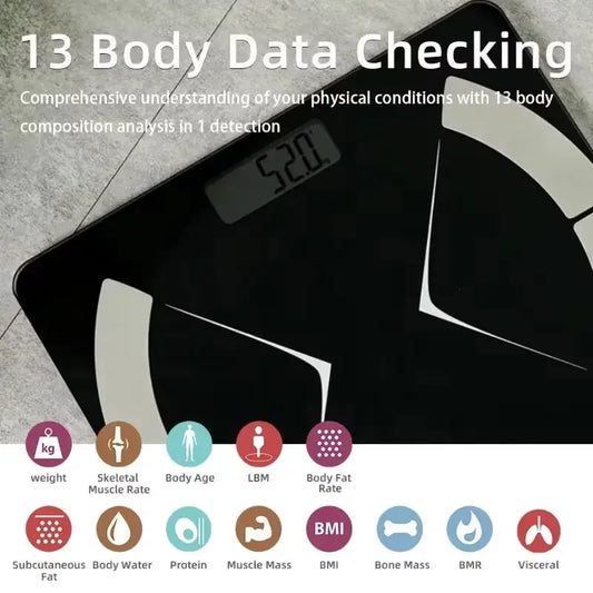 SmartBod™ Composition Scale with 13 Health Metrics – Precision Tracking, Bluetooth Sync, & Sleek Design for Total Wellness! - IVY DUCK